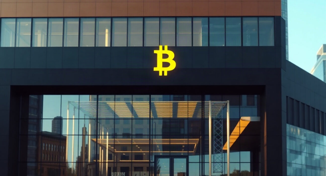 Modern financial building with a subtle Bitcoin symbol projection, representing spot Bitcoin ETF inflows.