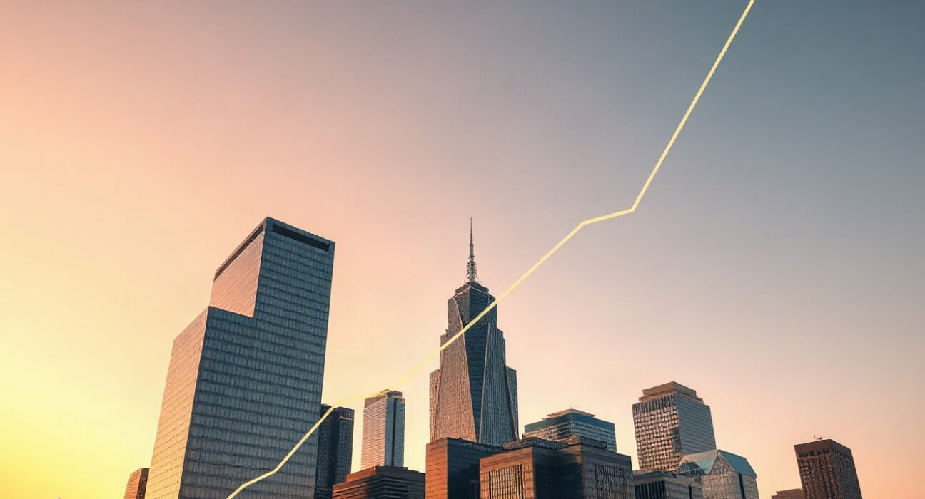 Financial district skyline at dusk representing Bitcoin ETF market activity