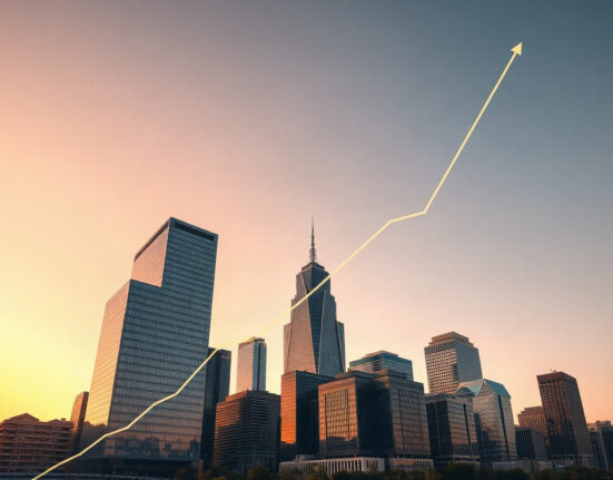 Financial district skyline at dusk representing Bitcoin ETF market activity