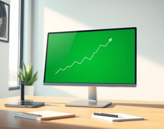 Professional trading desk monitor showing a rising Bitcoin ETF investment chart.