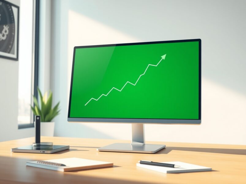 Professional trading desk monitor showing a rising Bitcoin ETF investment chart.