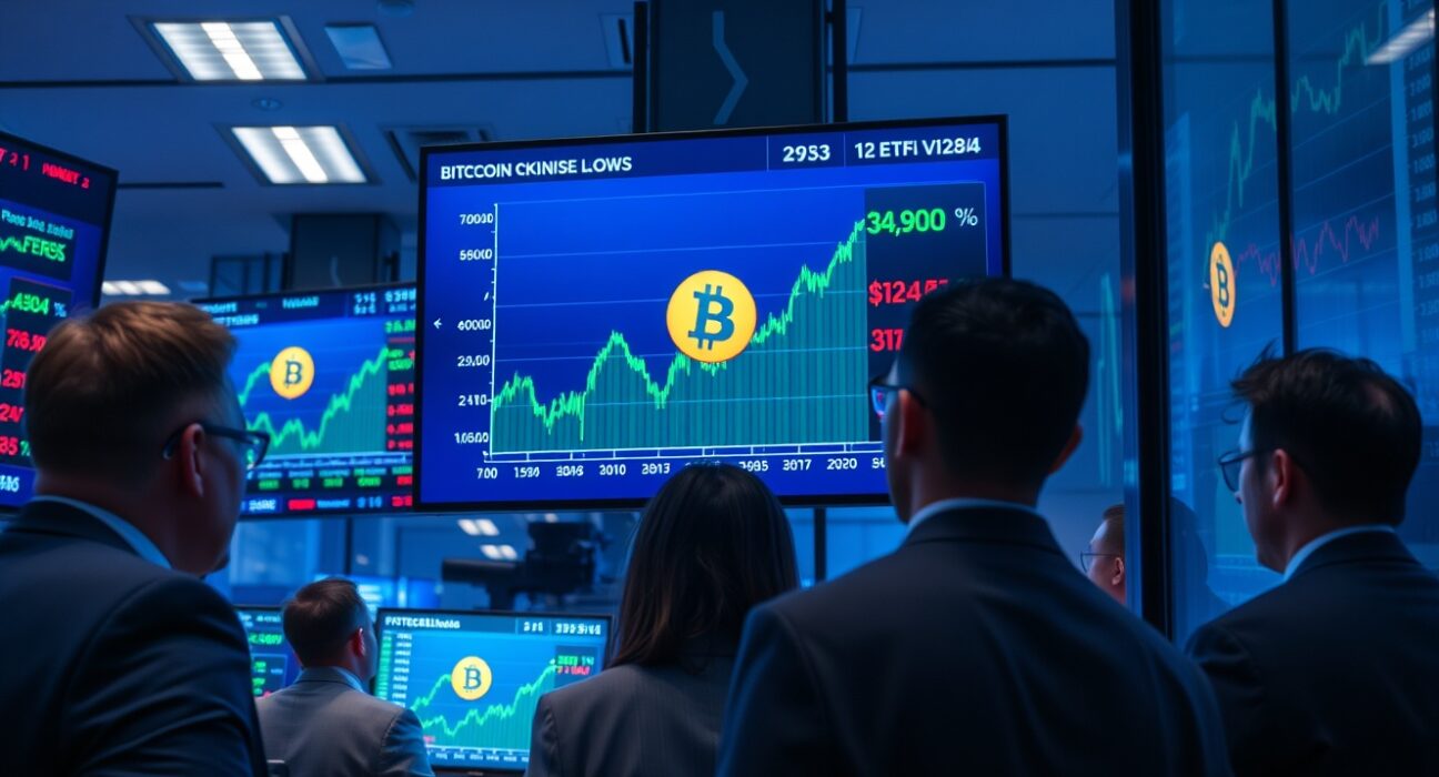Trading floor with digital screens showing Bitcoin price charts and ETF data, reflecting strong inflows.