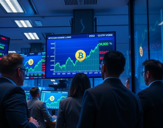 Trading floor with digital screens showing Bitcoin price charts and ETF data, reflecting strong inflows.