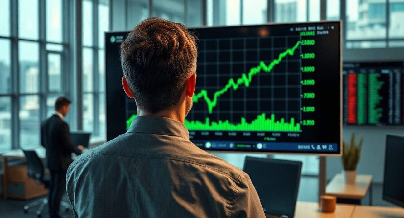 Financial analyst monitoring Bitcoin ETF price charts on a screen in a modern office