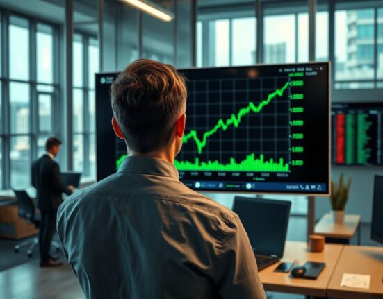 Financial analyst monitoring Bitcoin ETF price charts on a screen in a modern office