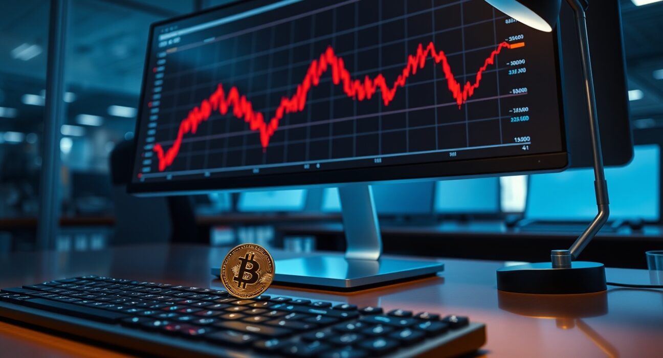 Analysis of Spot Bitcoin ETF outflows showing a declining graph on a financial trading desk.