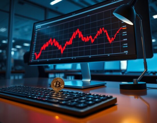 Analysis of Spot Bitcoin ETF outflows showing a declining graph on a financial trading desk.