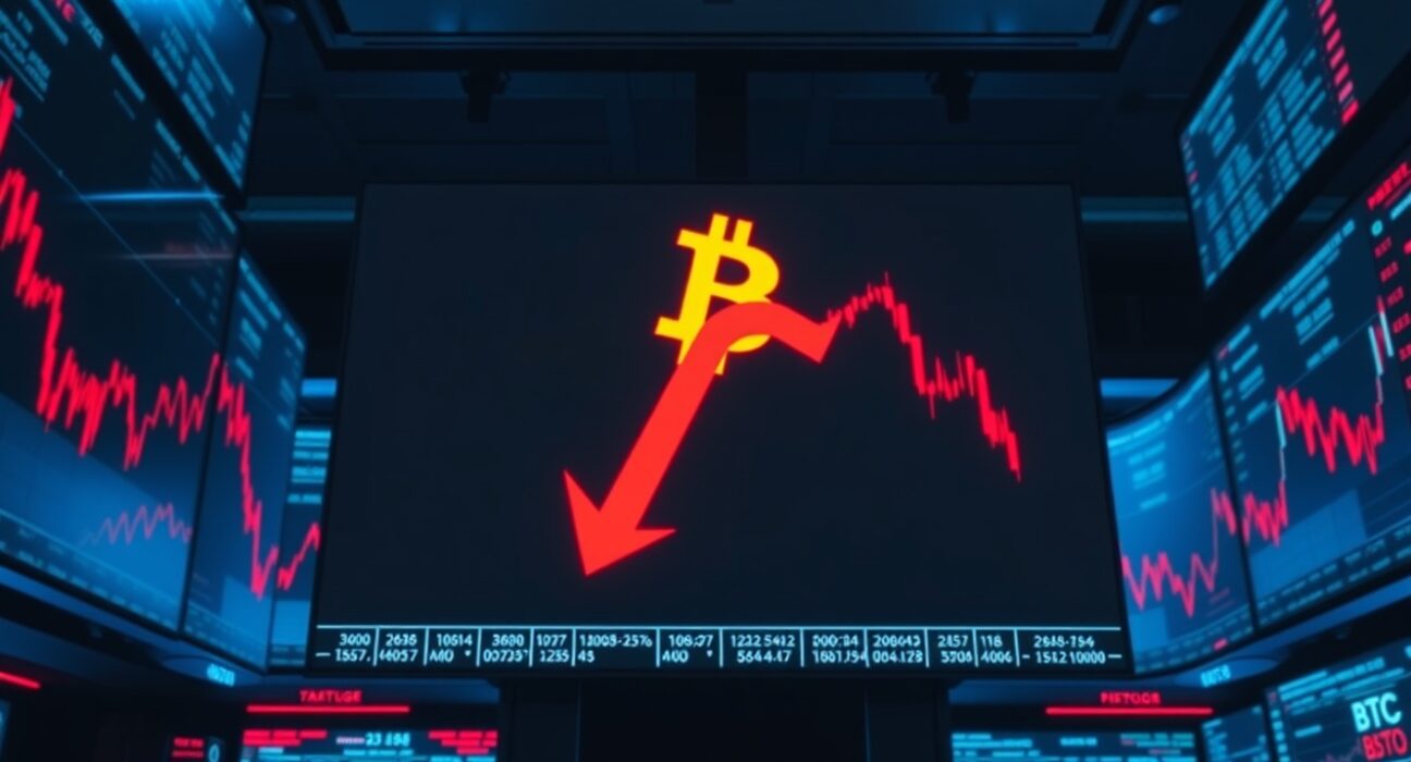 Trading floor screens showing Bitcoin price decline and red candlestick charts