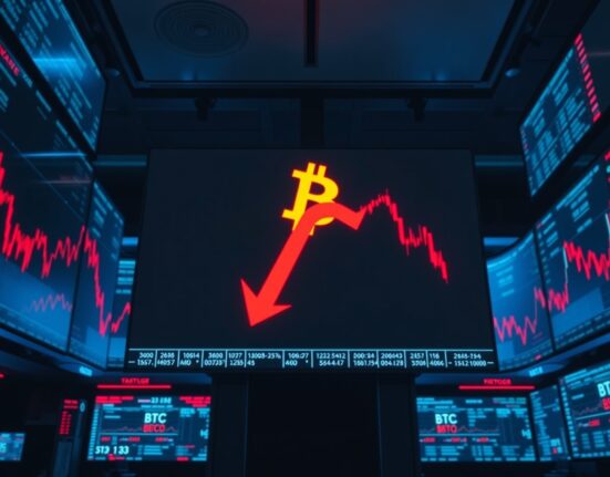 Trading floor screens showing Bitcoin price decline and red candlestick charts