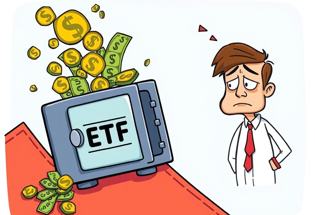Cartoon illustrating the impact of Spot Bitcoin ETF outflows, with money visibly leaving an investment fund.