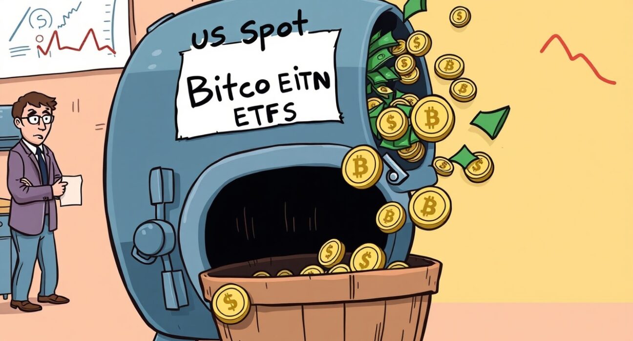 Illustration showing funds exiting a US spot Bitcoin ETFs vault, representing the significant $566.4M net outflow and market concern.