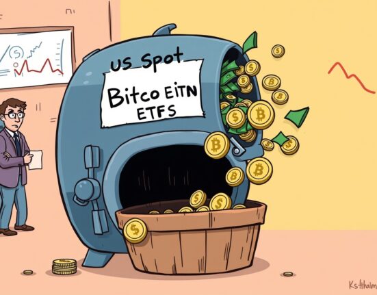 Cartoon illustrating the impact of Spot Bitcoin ETF outflows, with money visibly leaving an investment fund.