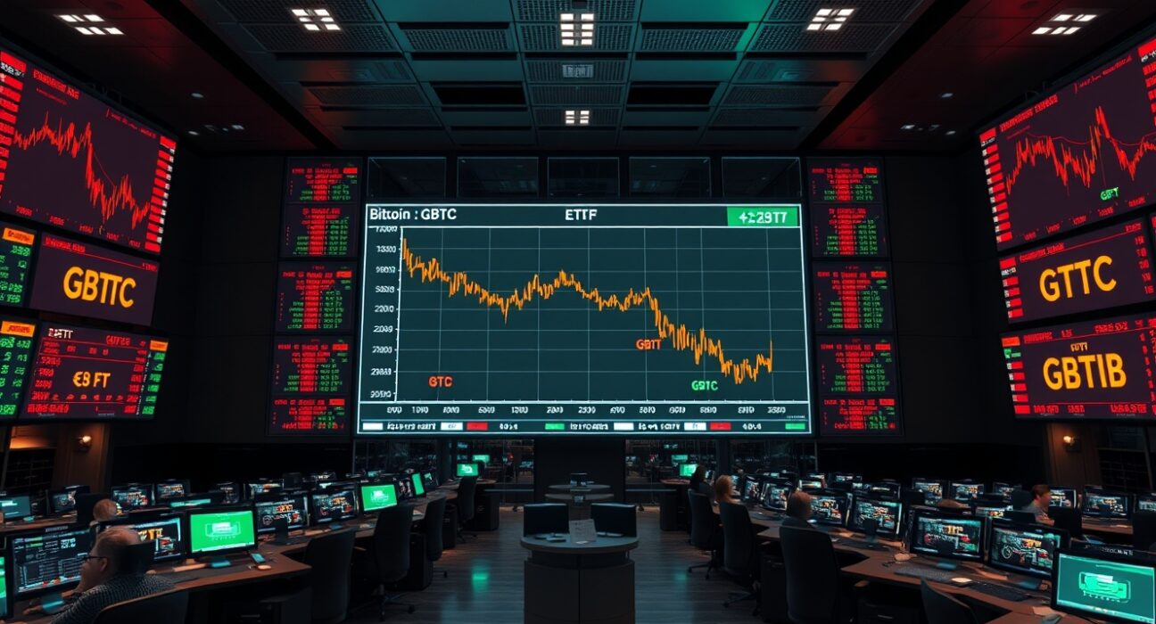 Financial trading floor screens showing Bitcoin ETF price charts with downward trend