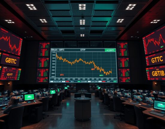 Financial trading floor screens showing Bitcoin ETF price charts with downward trend