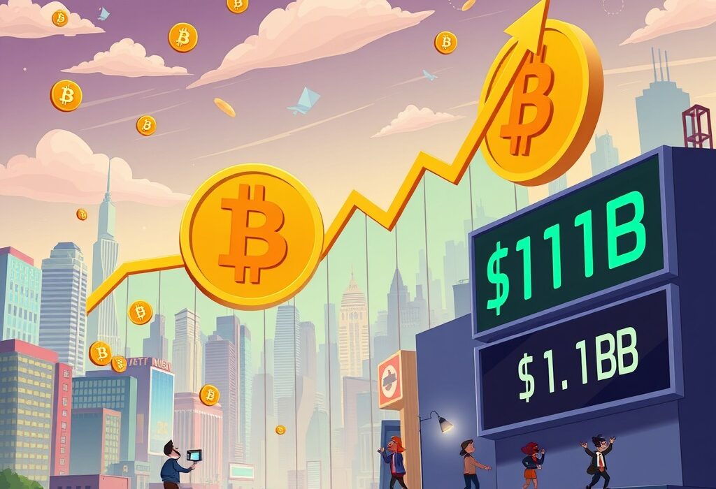 A vibrant cartoon showing the massive $11.5 billion daily trading volume of Spot Bitcoin and Ethereum ETFs, highlighting market growth.
