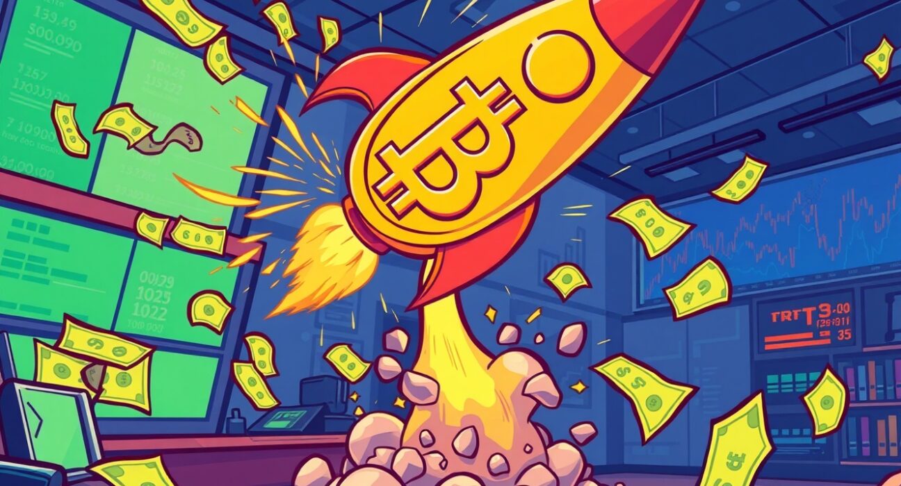 Spot Bitcoin ETF rocket launching with explosive trading volume growth