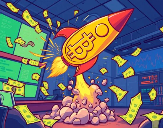 Spot Bitcoin ETF rocket launching with explosive trading volume growth