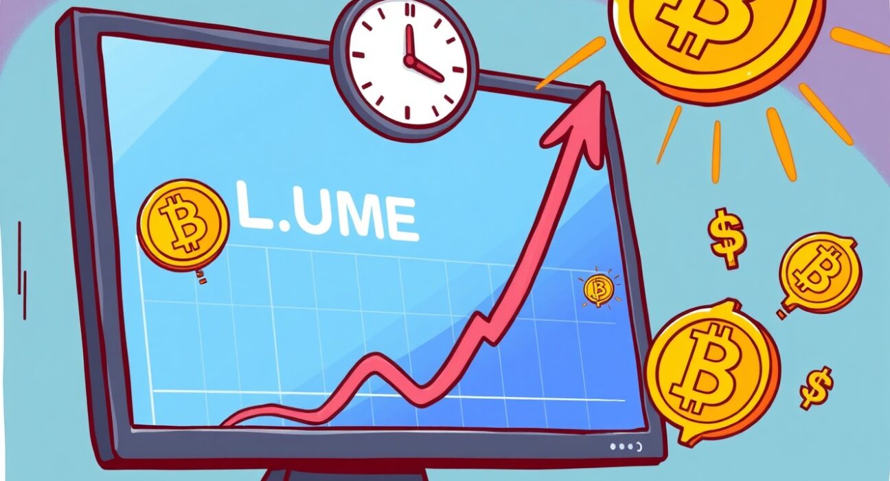 Cartoon illustrating the rapid surge in Spot Bitcoin ETF trading volume, symbolizing significant market activity and investor interest.