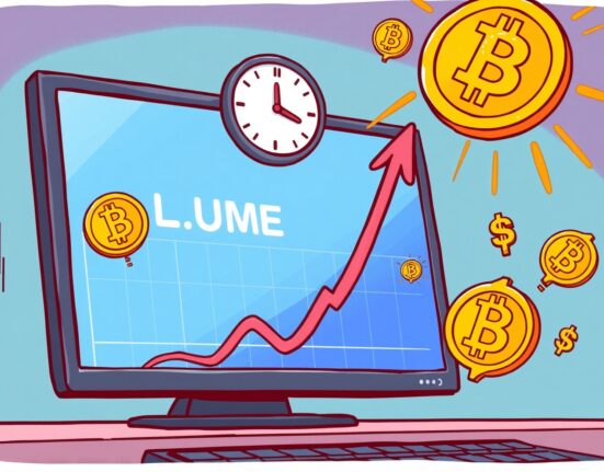 Cartoon illustrating the rapid surge in Spot Bitcoin ETF trading volume, symbolizing significant market activity and investor interest.