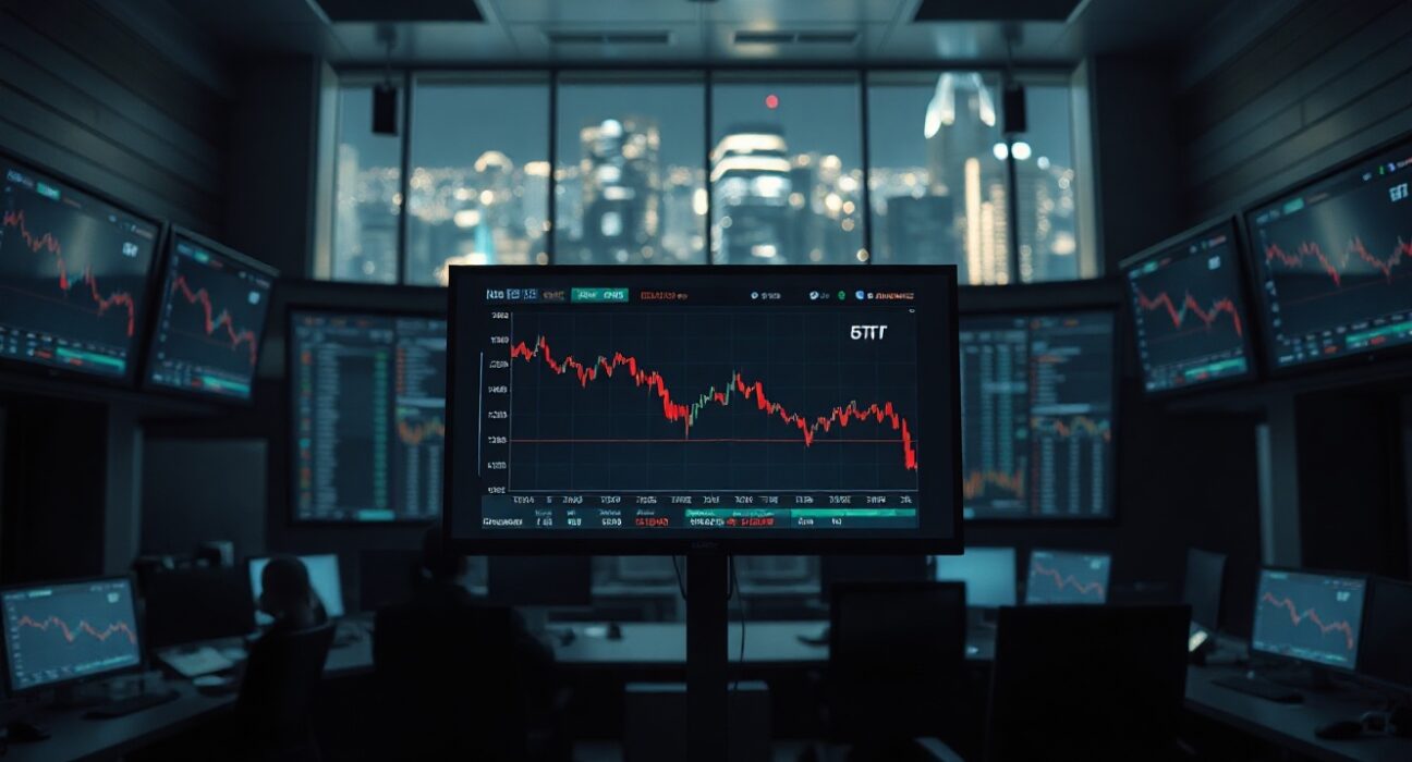 Trading floor monitors showing declining Bitcoin ETF volume and price charts