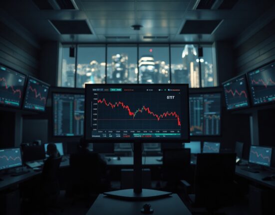 Trading floor monitors showing declining Bitcoin ETF volume and price charts