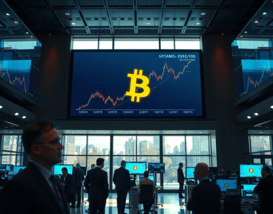 Bitcoin price chart on a trading screen with an upward trend, representing ETF inflows.