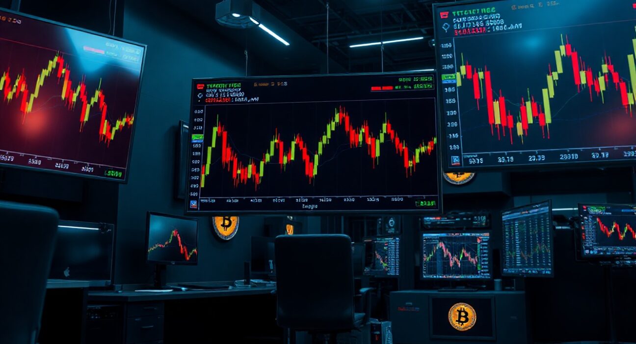 Trading floor with Bitcoin price charts showing a downward trend, representing ETF outflows.