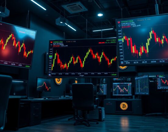 Trading floor with Bitcoin price charts showing a downward trend, representing ETF outflows.