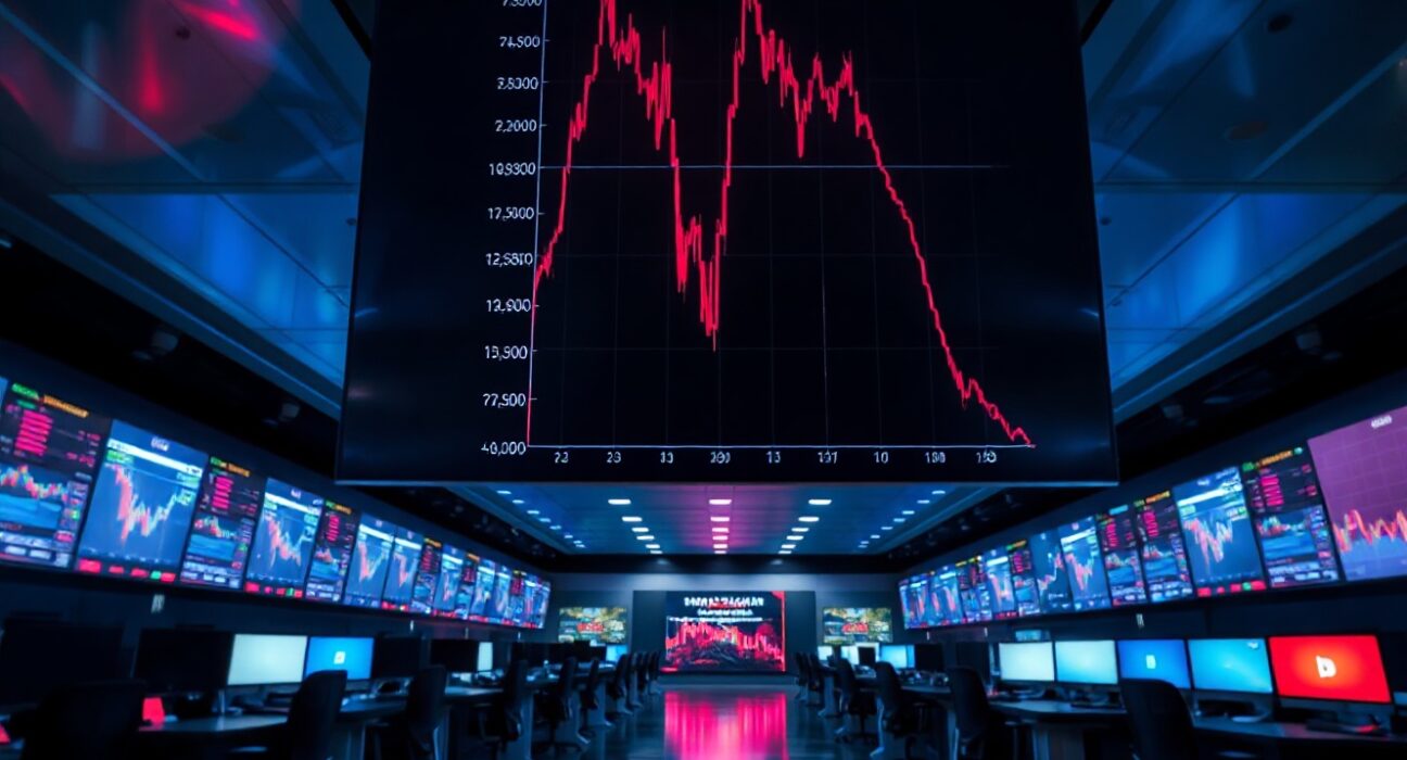 Bitcoin price chart showing decline on trading floor monitors