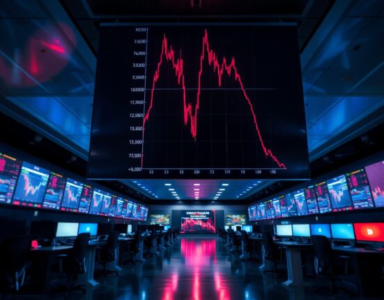 Bitcoin price chart showing decline on trading floor monitors