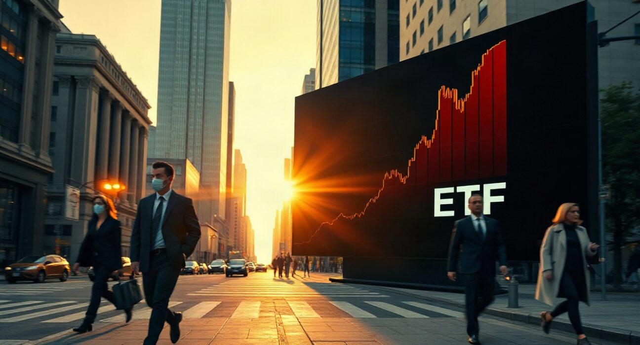 A financial district skyline with a digital screen displaying a rising Bitcoin price chart, symbolizing ETF inflows.