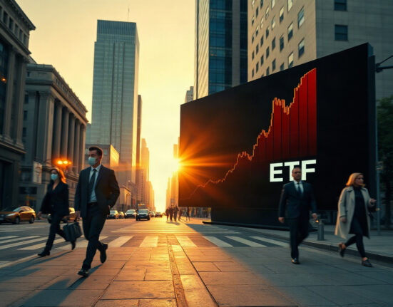 A financial district skyline with a digital screen displaying a rising Bitcoin price chart, symbolizing ETF inflows.