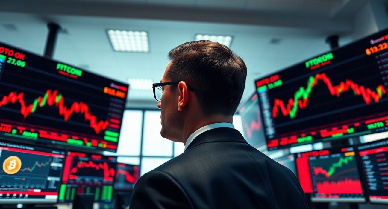 A trader monitors Bitcoin ETF data on multiple screens in a modern financial trading floor.