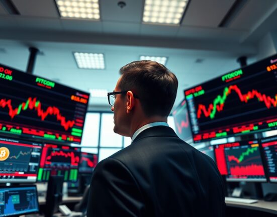 A trader monitors Bitcoin ETF data on multiple screens in a modern financial trading floor.