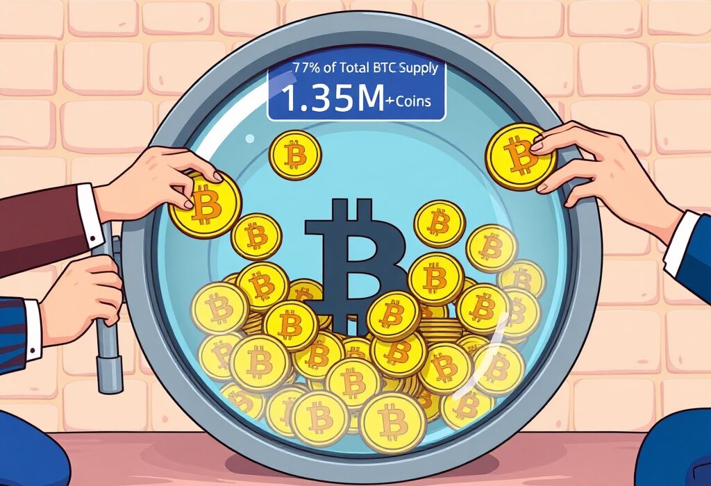 Cartoon illustration showing Spot Bitcoin ETFs accumulating a remarkable 7% of the total BTC supply, signifying significant institutional adoption.
