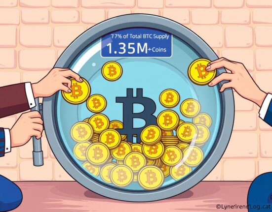 Cartoon illustration showing Spot Bitcoin ETFs accumulating a remarkable 7% of the total BTC supply, signifying significant institutional adoption.