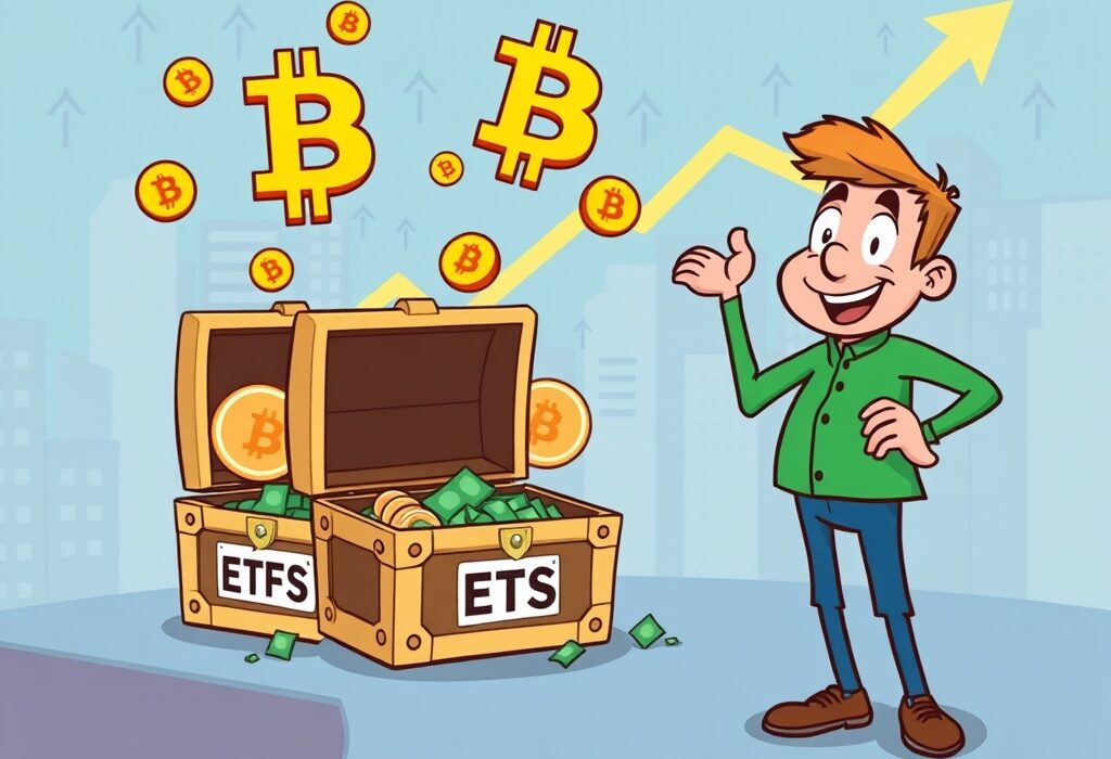 Cartoon illustration of funds flowing into Spot Bitcoin ETFs, representing sustained investor interest and significant market growth.