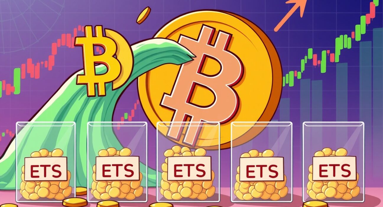 A powerful upward trend in Spot Bitcoin ETFs, symbolizing growing institutional and investor confidence in the crypto market.