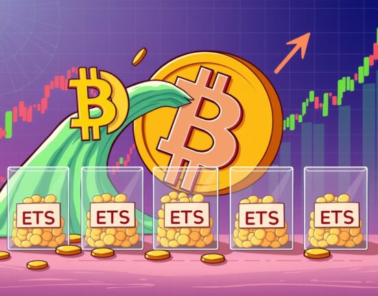 A cartoon illustration depicting a surge of money flowing into a fund, symbolizing the strong net inflows into Spot Bitcoin ETFs.