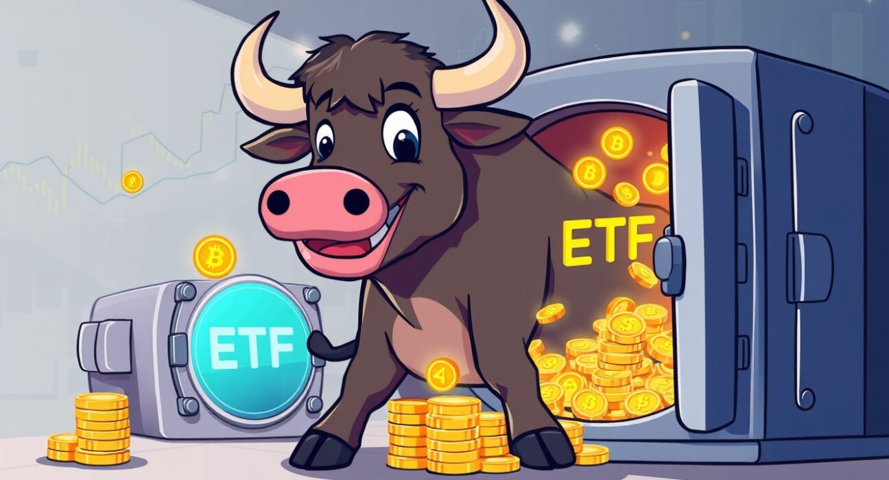 A vibrant cartoon illustrating strong capital inflows into spot Bitcoin ETFs, symbolizing investor confidence.