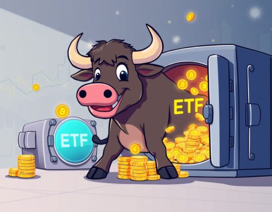 A vibrant cartoon illustrating strong capital inflows into spot Bitcoin ETFs, symbolizing investor confidence.