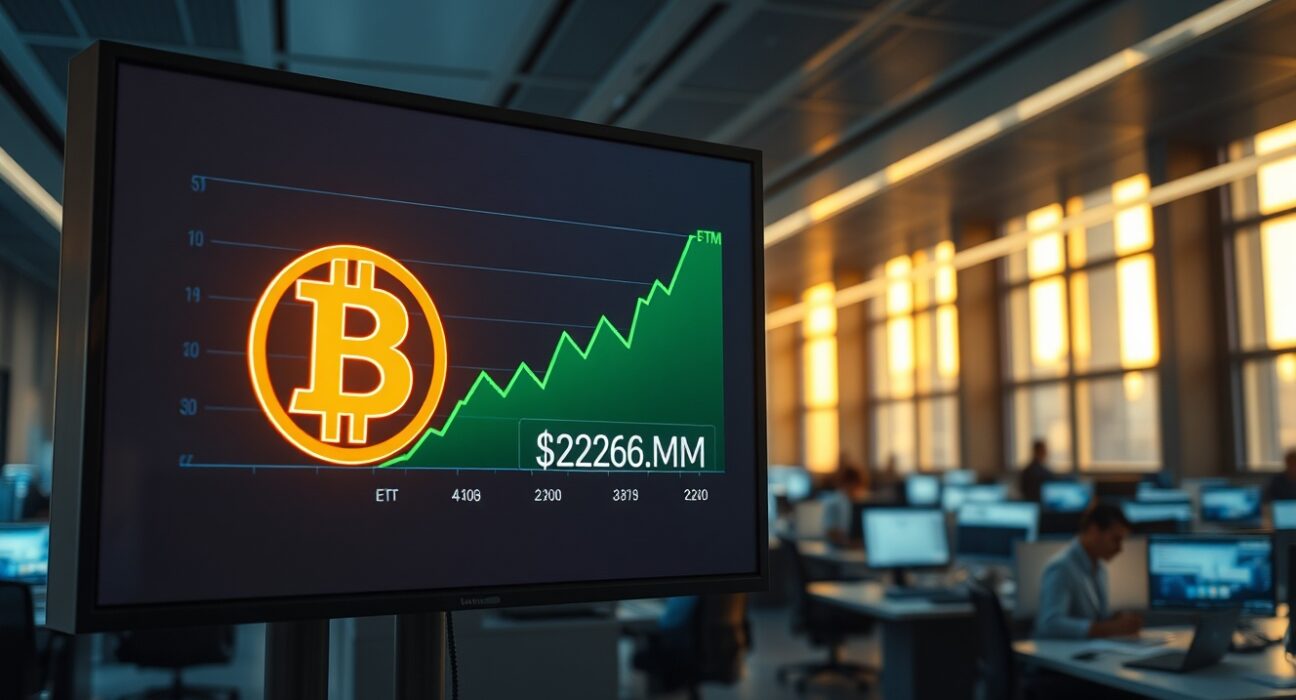 Digital trading display showing Bitcoin logo and $226.8M ETF inflows chart on a professional trading floor.