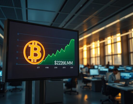Digital trading display showing Bitcoin logo and $226.8M ETF inflows chart on a professional trading floor.