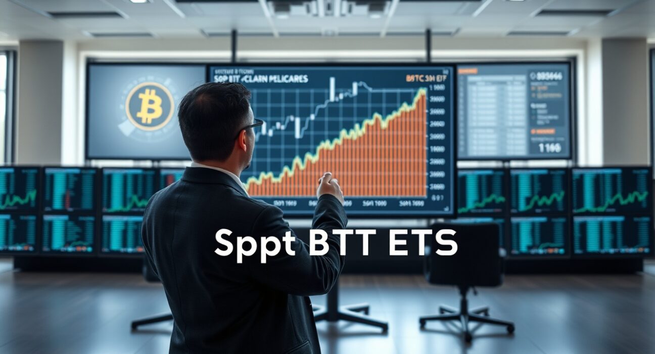 Professional analyst pointing at a Bitcoin price chart on a screen in a modern financial newsroom