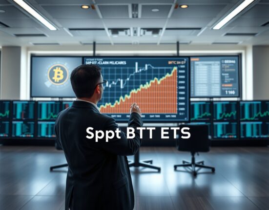 Professional analyst pointing at a Bitcoin price chart on a screen in a modern financial newsroom