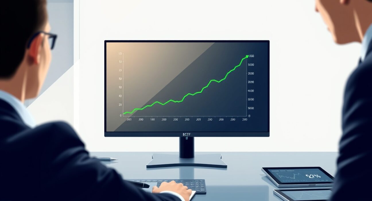 Professional trading desk monitor showing rising Spot Bitcoin ETF inflow data graph.