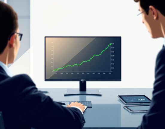 Professional trading desk monitor showing rising Spot Bitcoin ETF inflow data graph.