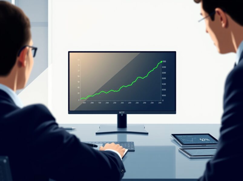 Professional trading desk monitor showing rising Spot Bitcoin ETF inflow data graph.