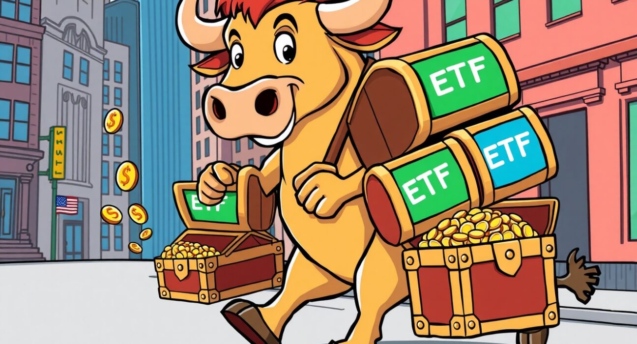 A vibrant cartoon bull carrying spot Bitcoin ETFs as treasure chests, symbolizing strong market inflows.