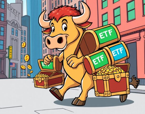 A vibrant cartoon bull carrying spot Bitcoin ETFs as treasure chests, symbolizing strong market inflows.